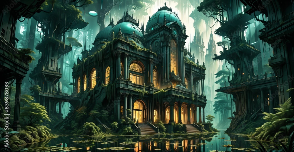gothic baroque city palace in woodland forest wetlands. fantasy overgrowth cyberpunk town house castle in marsh swamp river pond lake water. gothic baroque city palace in woodland forest wetlands. fantasy overgrowth cyberpunk town house castle in marsh swamp river pond lake water.