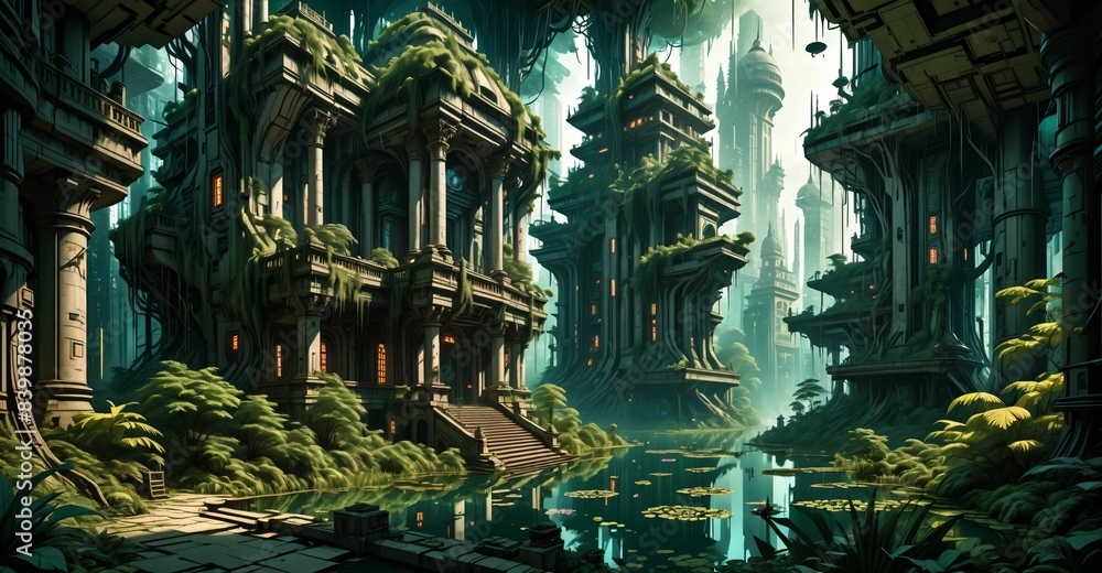 Fototapeta premium gothic baroque city palace in woodland forest wetlands. fantasy overgrowth cyberpunk town house castle in marsh swamp river pond lake water.