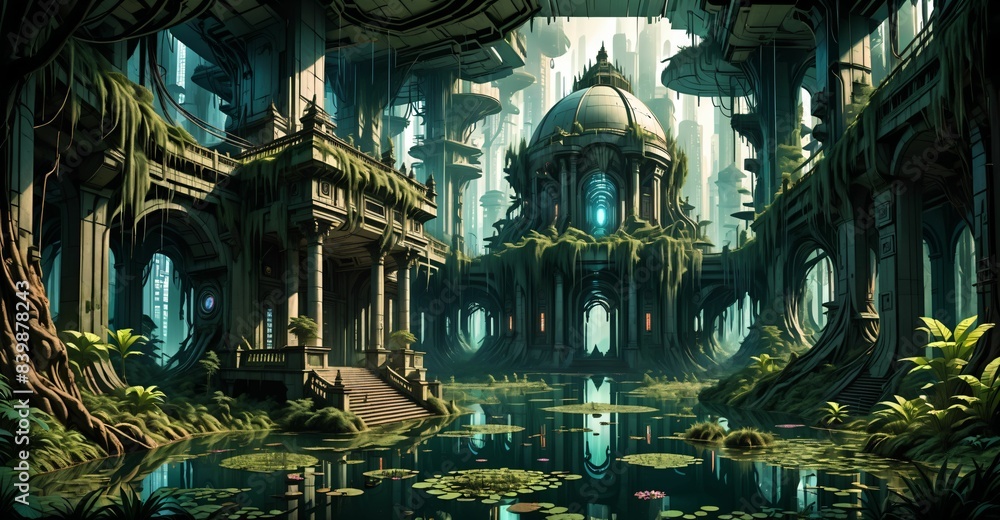 gothic baroque city palace in woodland forest wetlands. fantasy overgrowth cyberpunk town house castle in marsh swamp river pond lake water.