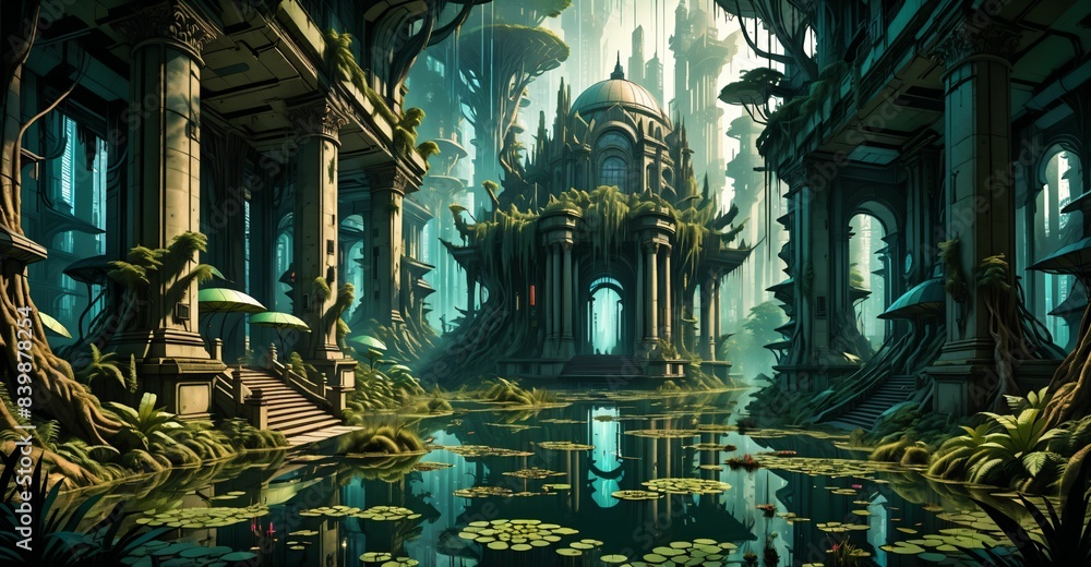 Fototapeta premium gothic baroque city palace in woodland forest wetlands. fantasy overgrowth cyberpunk town house castle in marsh swamp river pond lake water.