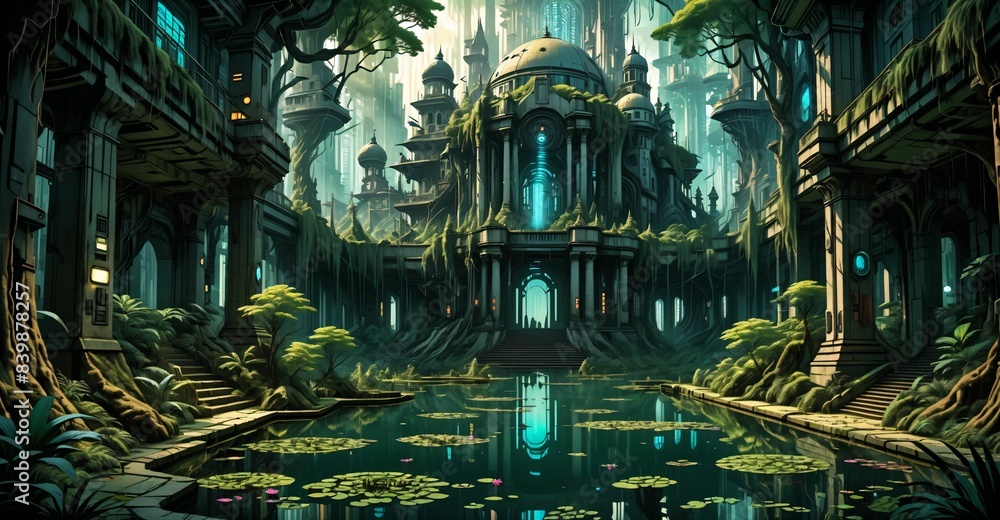 Fototapeta premium gothic baroque city palace in woodland forest wetlands. fantasy overgrowth cyberpunk town house castle in marsh swamp river pond lake water.