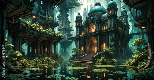 gothic baroque city palace in woodland forest wetlands. fantasy overgrowth cyberpunk town house castle in marsh swamp river pond lake water.