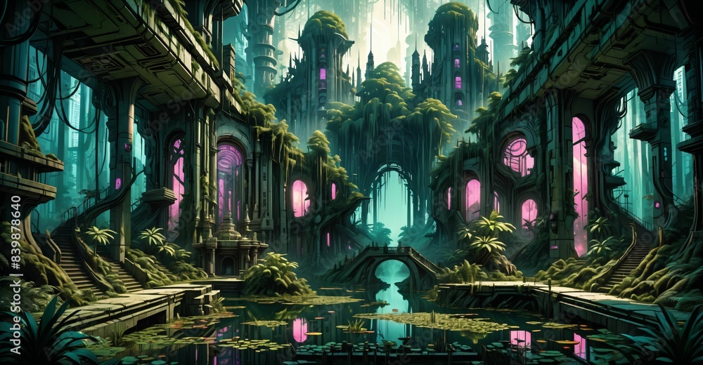 Naklejka premium gothic baroque city palace in woodland forest wetlands. fantasy overgrowth cyberpunk town house castle in marsh swamp river pond lake water.