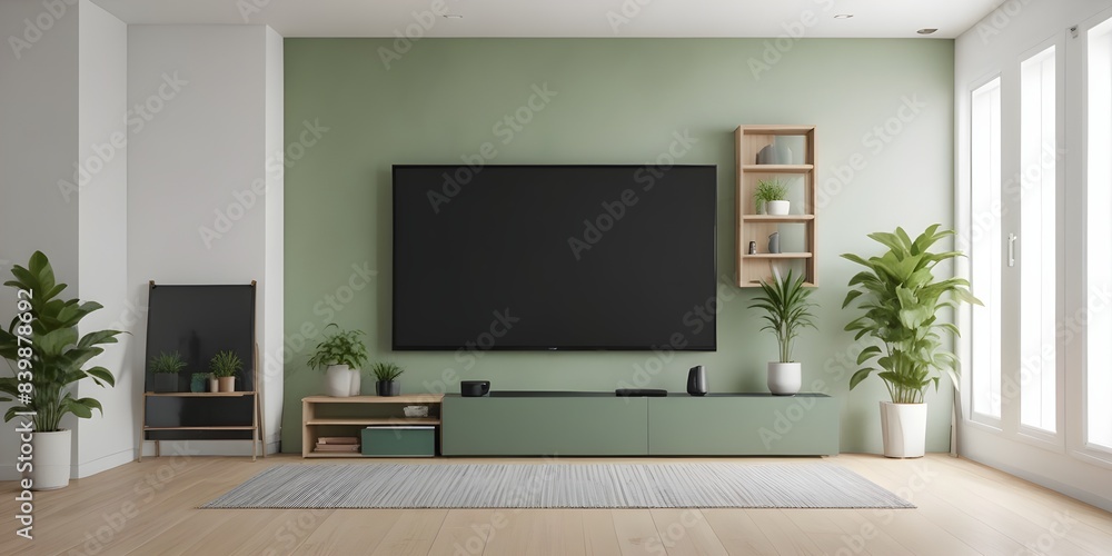 Frame mockup, Pastel TV room with green armchair and decoration accessory. 3D render Frame mockup, Pastel TV room with green armchair and decoration accessory. 3D render