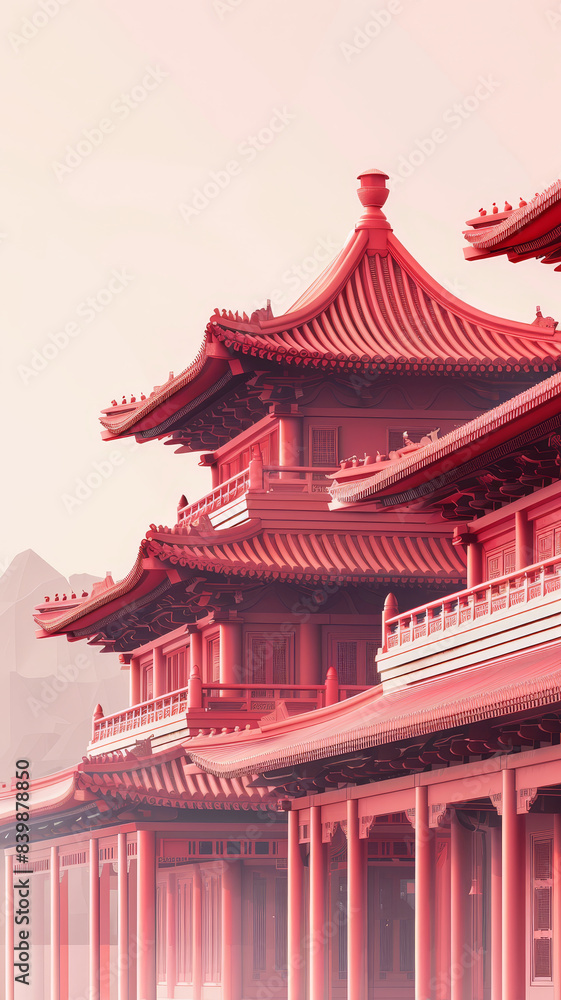 Naklejka premium Detailed Asian temple architecture - Intricate details of an Asian temple with layered roofs and warm reddish tones