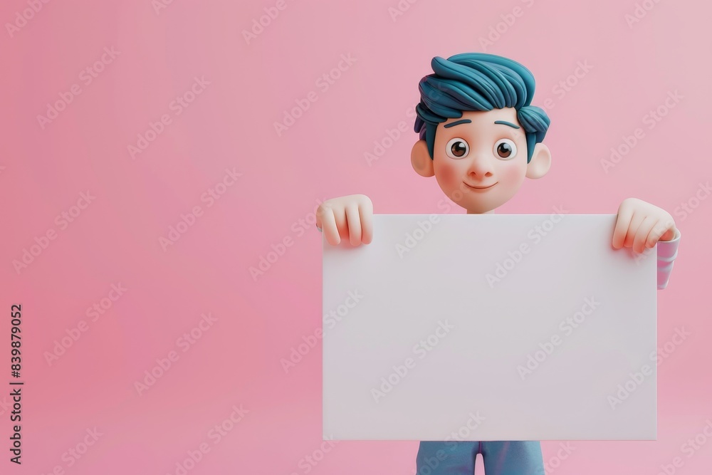 A cartoon boy is holding a blank white sign A cartoon boy is holding a blank white sign