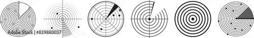 Radar Screen icon collection. Sonar search. HUD design. Sci-fi futuristic user interface. Trendy flat vector Radar detection icon on white background
