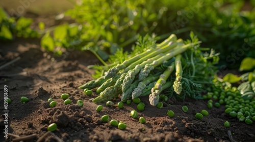 bunch of green asparagus and peas in pods scattered on the ground generative ai