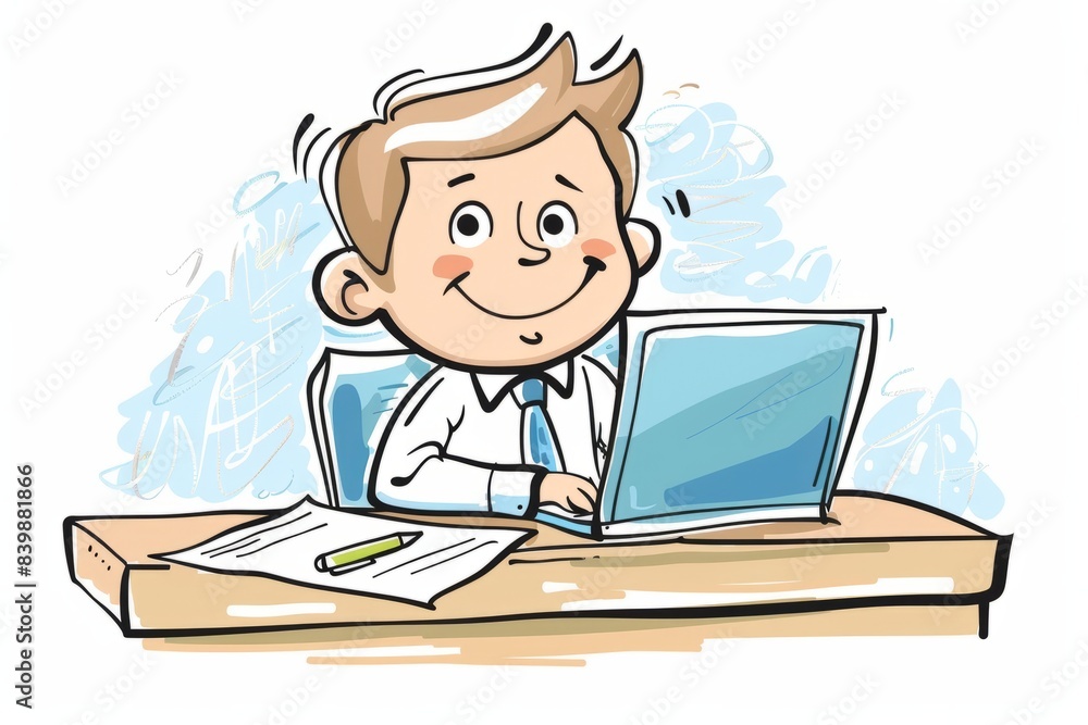 Cartoon cute doodles of a smiling businessman at a desk with a laptop and paperwork, Generative AI Cartoon cute doodles of a smiling businessman at a desk with a laptop and paperwork, Generative AI