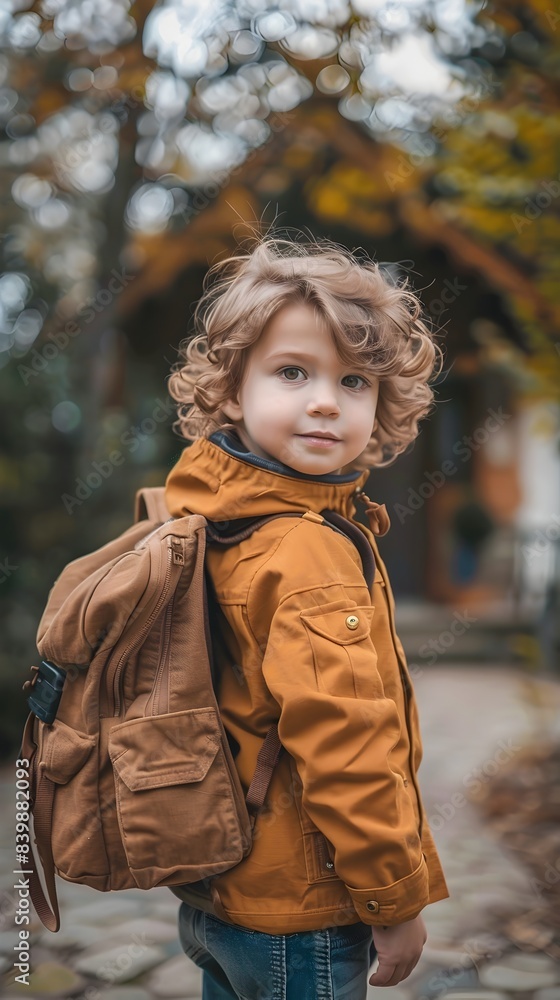 Excited Young Child Embracing New School Adventure in Autumn Outdoors Excited Young Child Embracing New School Adventure in Autumn Outdoors