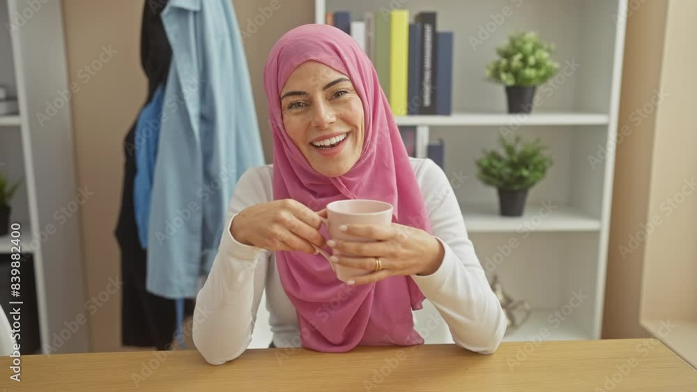 Smiling woman wearing a hijab holds a cup in a cozy home interior with bookshelf background. Smiling woman wearing a hijab holds a cup in a cozy home interior with bookshelf background.