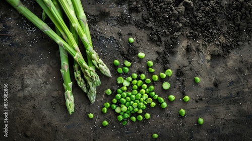 bunch of green asparagus and peas in pods scattered on the ground generative ai