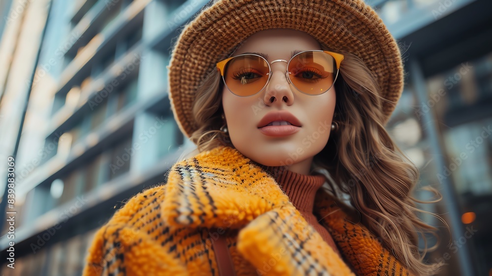 Stylish woman in a yellow coat and hat, with sunglasses, looking at the camera. Stylish woman in a yellow coat and hat, with sunglasses, looking at the camera.