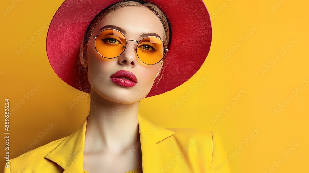 Fototapeta premium Portrait of a woman wearing a red hat and yellow sunglasses