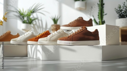 Four pairs of stylish sneakers in different colors displayed on white boxes. photo