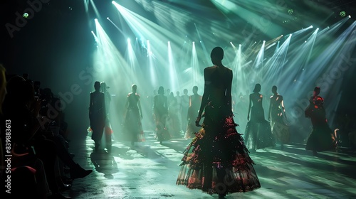 Models walk the runway in dramatic gowns under green lighting.