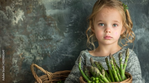 boy with a bunch of green asparagus and a basket of peas in pods generative ai