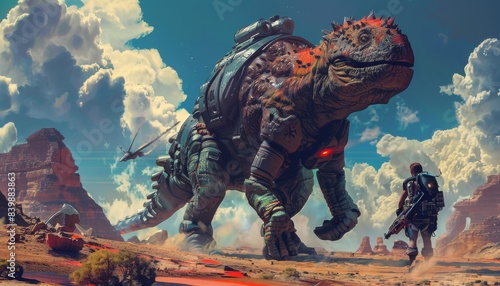 Fototapeta Naklejka Na Ścianę i Meble -  Futuristic scene of a warrior walking alongside a robotic dinosaur in a desert landscape under a dramatic sky. Sci-fi adventure concept.
