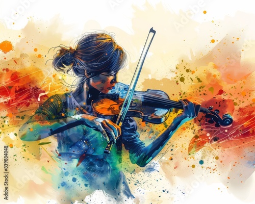 Vibrant watercolor painting of a woman playing the violin with colorful splashes and dynamic brushstrokes.