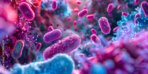 High-detail image of colorful bacteria in a digital microscopic set, Microscopic view of gram stain showing rod shape Escherichia coli