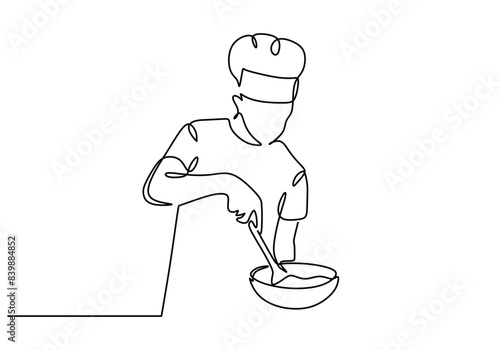 Chef cooking at kitchen with pan continuous line drawing. Vector illustration minimalist hand drawn.