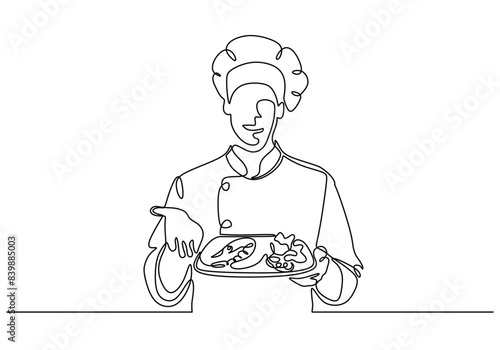 Chef preparing food at kitchen with plate continuous line drawing. Vector illustration minimalist.