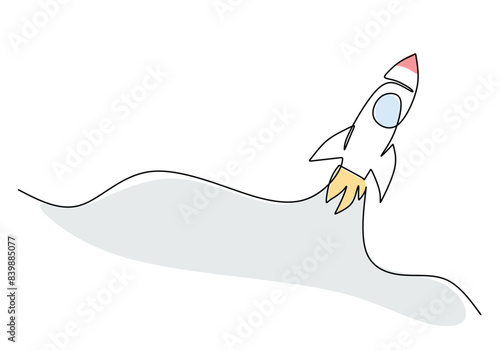 Spacecraft flying continuous line drawing. Rocket space ship launch into universe concept vector.