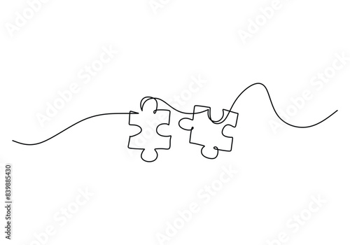 Puzzle pieces continuous line drawing. Problem solving solution business concept Vector illustration