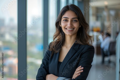 Successful Indian businesswoman. Portrait of attractive young woman of Indian appearance dressed in business suit looking at camera and smiling
