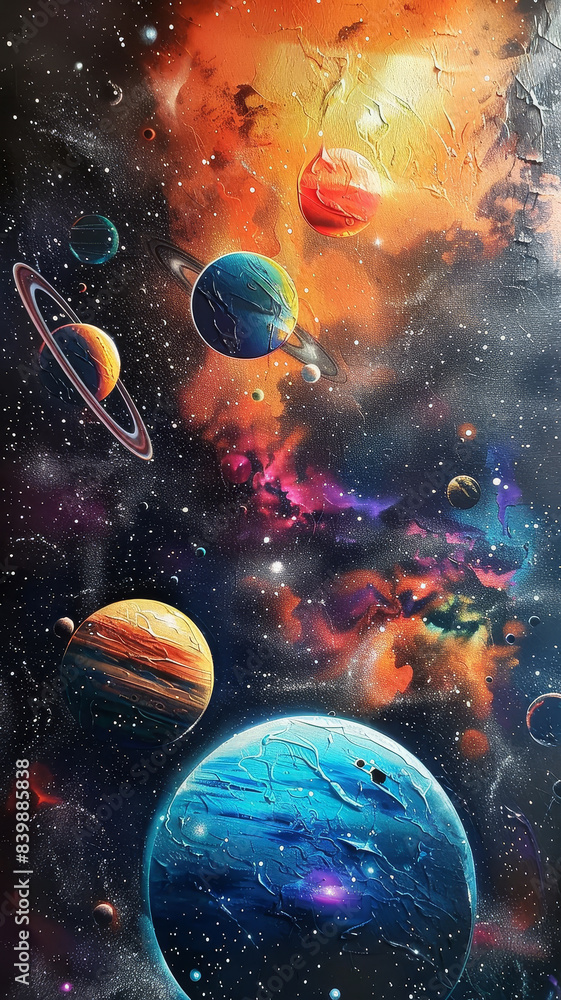 Naklejka premium Vibrant cosmic painting with planets - This vertical image features a hand-painted cosmic scene with colorful planets and stars The artwork exudes a sense of wonder