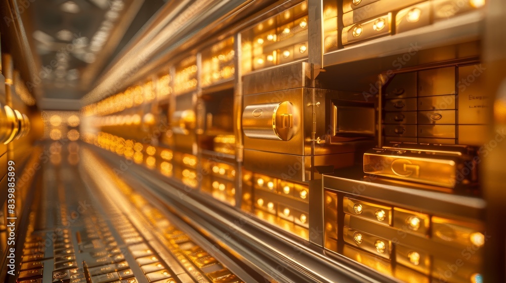 A row of gold boxes are on a shelf. The boxes are all different sizes and are stacked on top of each other A row of gold boxes are on a shelf. The boxes are all different sizes and are stacked on top of each other