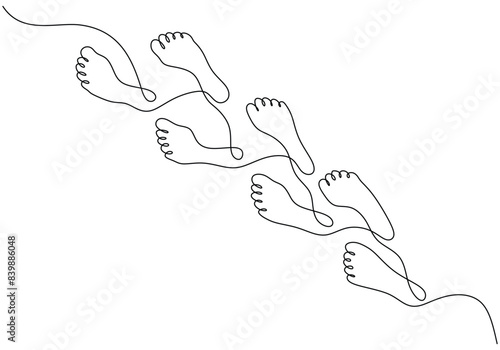 Human footprints steps continuous line drawing. Physical activity of people concept vector.