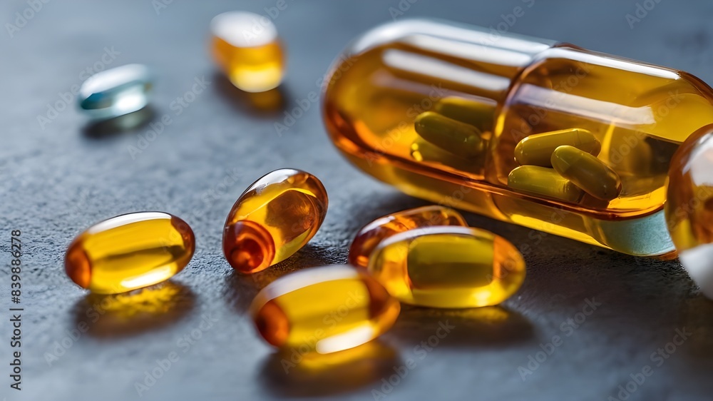 Close-up of fish oil and omega-3 gel capsules and vitamin D supplement capsules, which are frequently used to strengthen the immune system and enhance general health. Close-up of fish oil and omega-3 gel capsules and vitamin D supplement capsules, which are frequently used to strengthen the immune system and enhance general health.