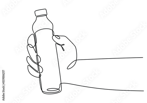 Hand holding water bottle continuous line drawing. Sport, fitness, gym and health care concept.