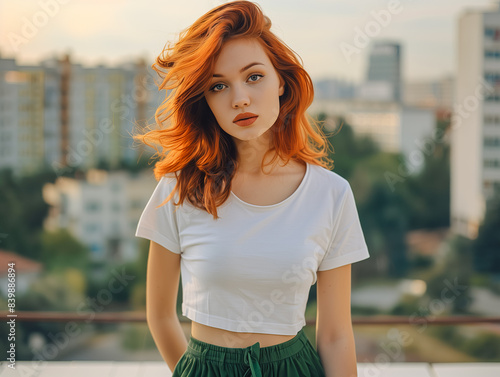 Beautiful red haired girl with curly hair posing for a closeup portrait. A fashionable young woman in a casual outfit with a trendy style.