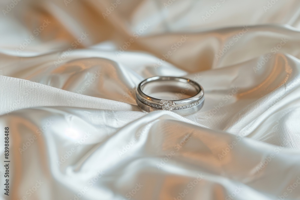 A ring with a gem on white satin fabric A ring with a gem on white satin fabric