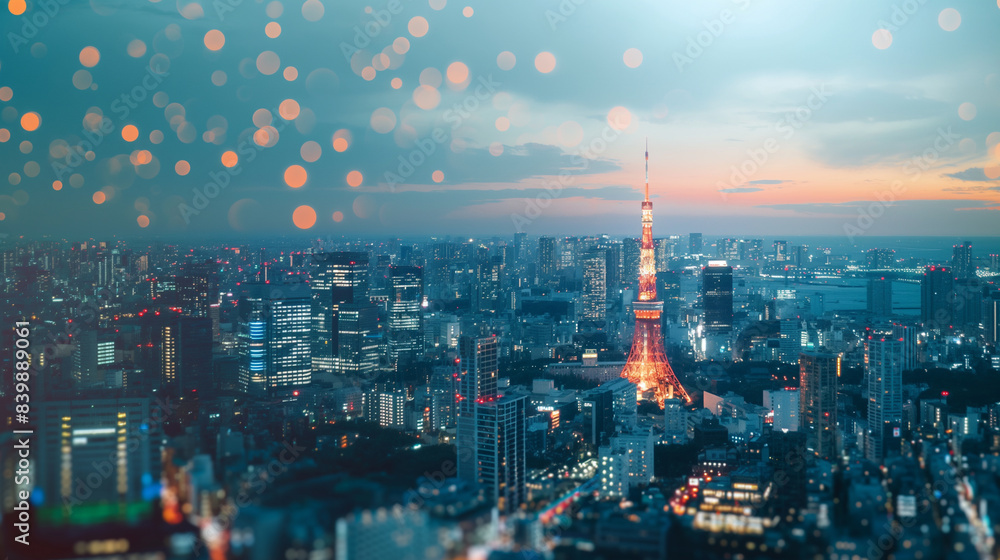 Fototapeta premium 世界経済、株価の動き、東京の風景を背景にした背景素材イメージ写真