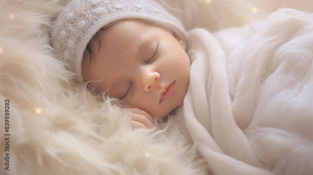 A photograph of an adorable sleeping baby wrapped in a soft blanket, resting peacefully on a fluffy white surface. A photograph of an adorable sleeping baby wrapped in a soft blanket, resting peacefully on a fluffy white surface.