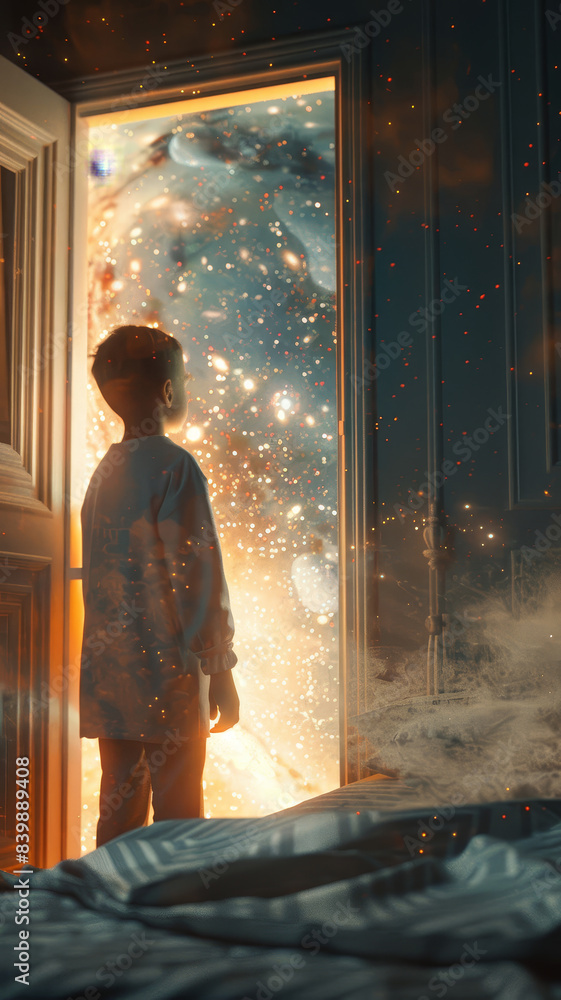 Child gazing at cosmic universe - A young child stands mesmerized by a door revealing a beautiful cosmic universe twinkling with stars Child gazing at cosmic universe - A young child stands mesmerized by a door revealing a beautiful cosmic universe twinkling with stars