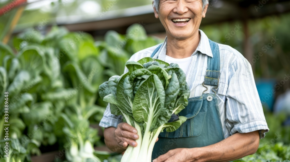 farmer smiling while holding a bunch of bok choy and pak choi generative ai
