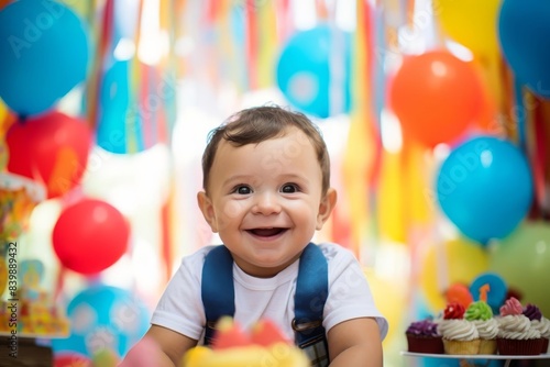 Adorable baby smiling at a colorful birthday party with balloons and cakes in the background.