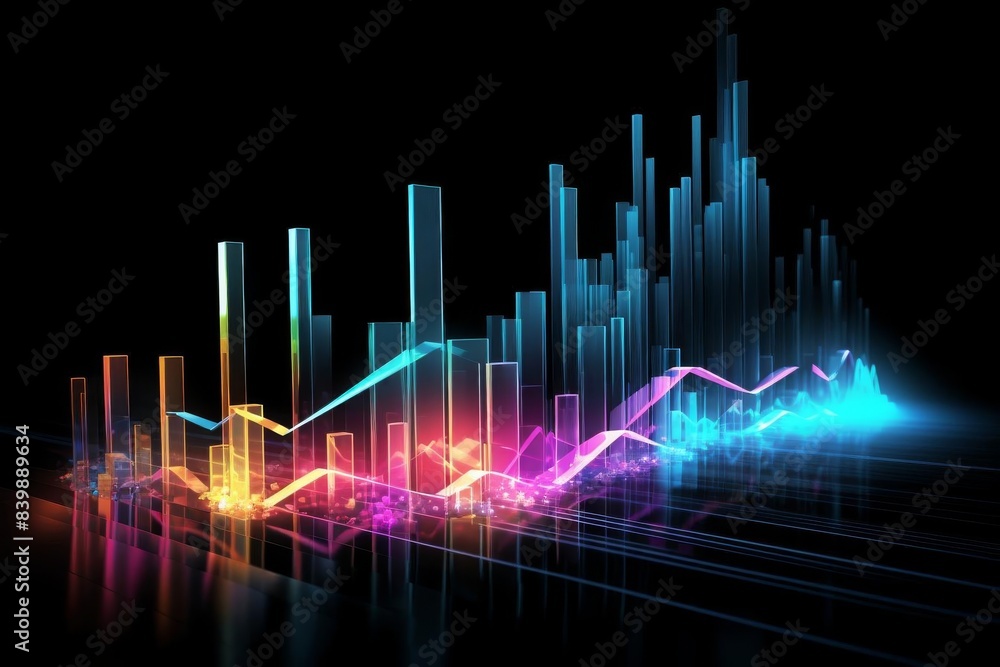 Colorful 3D chart with neon lines and bars, representing data visualization and analytics in a futuristic style on a black background. Colorful 3D chart with neon lines and bars, representing data visualization and analytics in a futuristic style on a black background.