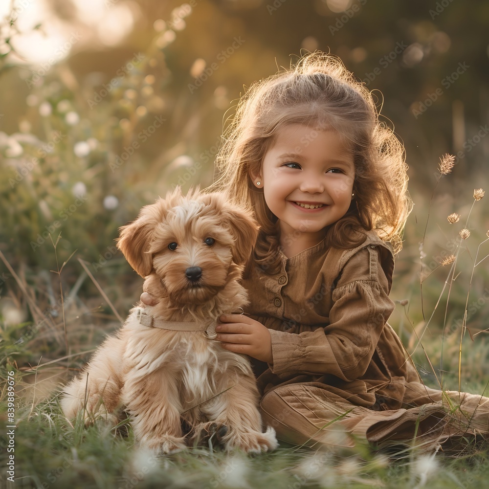Joyful Girl Embracing and Playing with Puppy in Grassy Field Joyful Girl Embracing and Playing with Puppy in Grassy Field