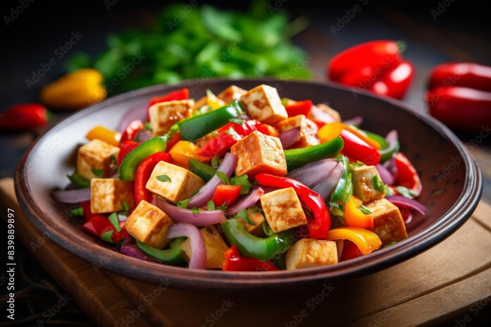 Fresh, colorful vegetable and tofu stir-fry in a dark bowl, garnished with vibrant peppers and onions, perfect for a healthy meal. Fresh, colorful vegetable and tofu stir-fry in a dark bowl, garnished with vibrant peppers and onions, perfect for a healthy meal.