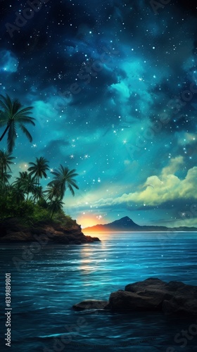 Tropical paradise night , stars , glowing palmtrees, generative ai