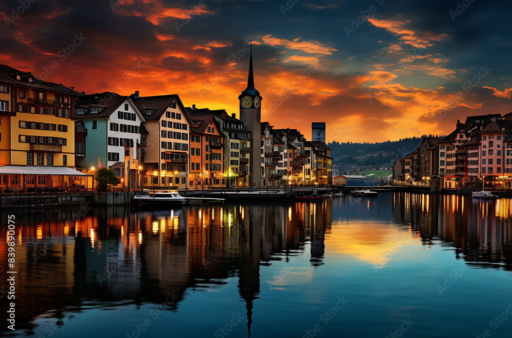 Obraz premium the city skyline of dubai on a lake, generative ai