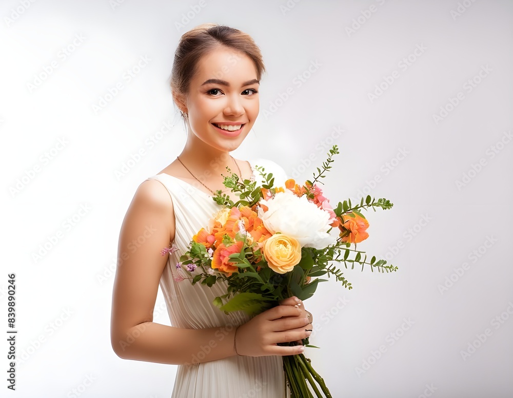 Beautiful bride with wedding bouquet isolated on white Beautiful bride with wedding bouquet isolated on white