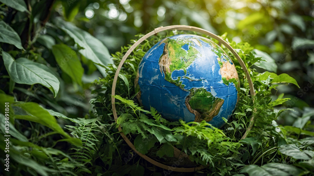 Earth day concept, Paper earth covered with foilage in a forest background Earth day concept, Paper earth covered with foilage in a forest background