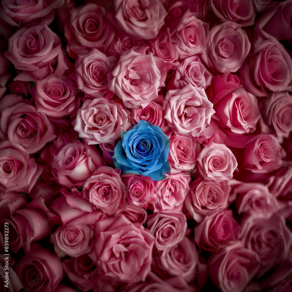 A blue rose nestled between pink roses A blue rose nestled between pink roses