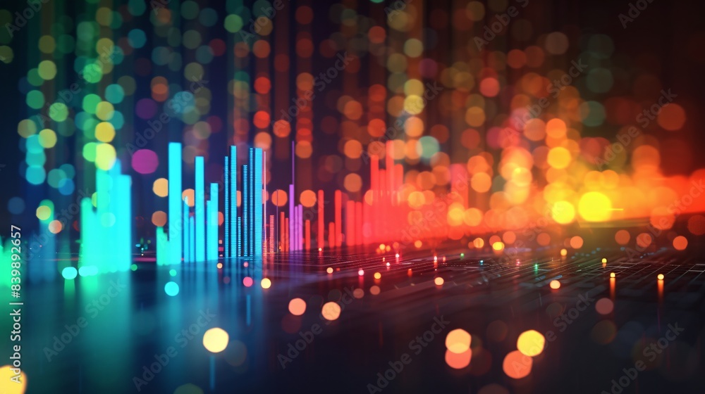 A digital illustration of an abstract financial graph with upward trending lines and bar charts, set against a dark background with bokeh lights. The color scheme includes blue, green, red, orange, A digital illustration of an abstract financial graph with upward trending lines and bar charts, set against a dark background with bokeh lights. The color scheme includes blue, green, red, orange,